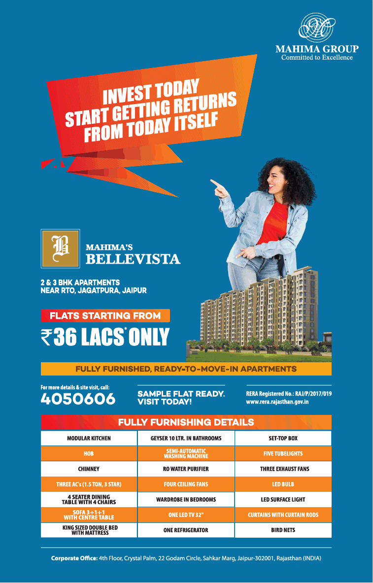 Invest  today start getting returns form today itsalf at Mahima Bellevista, Jaipur
